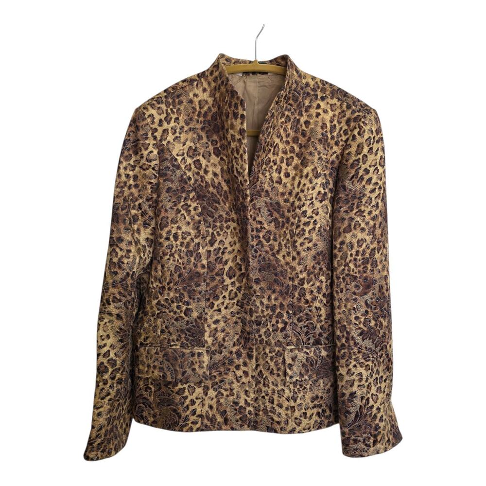 Austin Reed Womens Large Leopard Animal Print Brown Open Front Y2K Jacket